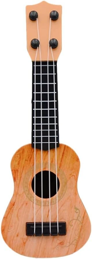 Mini ukulele žaislas vaikams, plastikinis gitaros žaislas, 4 stygos, muzikos instrumentas, realistiškas modelis, 25 x 9 x 2.7 cm, šviesiai ruda