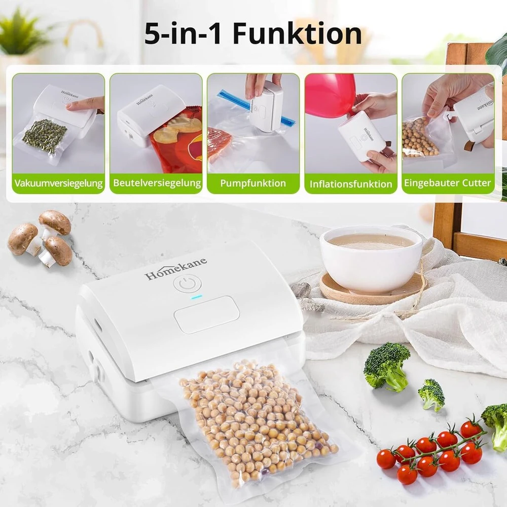 Mini vakuuminis sandariklis, Homekane vakuuminis sandariklis, rankinis vakuuminis sandariklis įkraunamas, mini folijos sandariklis su įmontuotu pjaustytuvu, 5-in-1 automatinis maisto sandariklis užkandžių plastikiniams maišeliams