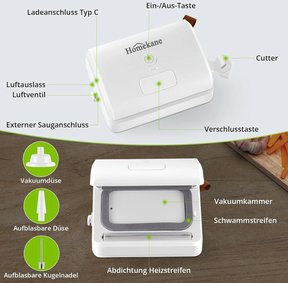 Mini vakuuminis sandariklis, Homekane vakuuminis sandariklis, rankinis vakuuminis sandariklis įkraunamas, mini folijos sandariklis su įmontuotu pjaustytuvu, 5-in-1 automatinis maisto sandariklis užkandžių plastikiniams maišeliams