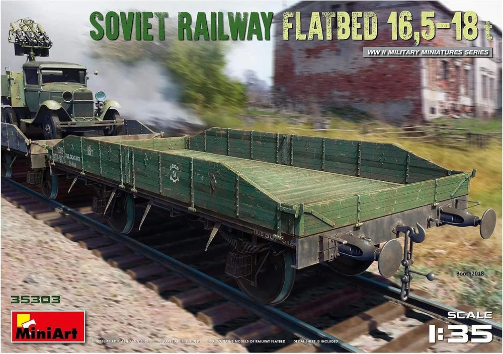 Miniart 35303 1:35 Sov. platforminis vagonas 16.5-18 t. - tiksli kopija, modeliavimas, plastikinis rinkinys, rankdarbiai, hobis, klijavimas, modelio rinkinys, surinkimas, nedažytas, pilkas