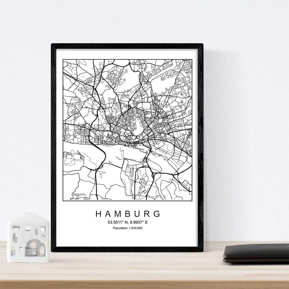Minimalistinis Hamburgo miesto žemėlapio plakatas A4 formatas