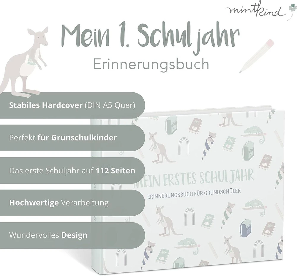 Mintkind® albumas "mano pirmieji mokslo metai" atmintinė, dovana Rugsėjo 1-ajai mergaitėms ir berniukams, mokyklinės tūtos užpildymas, dovanų idėjos pradedantiesiems