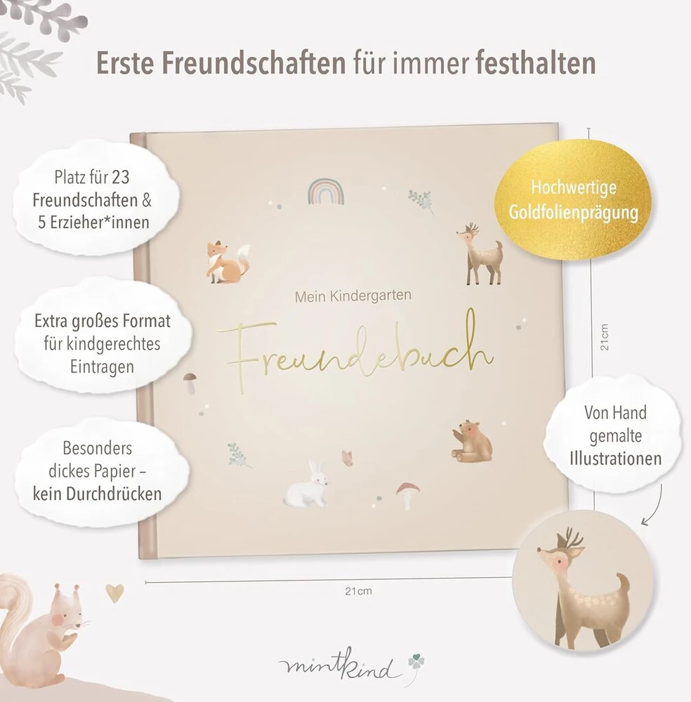 Vinilinė plokštelė Mintkind® Draugystės knyga "forest" vaikų darželiui, draugystės knyga pildymui, draugystės knyga mergaitėms ir berniukams, vaikams pritaikyti šablonai ir mielos iliustracijos