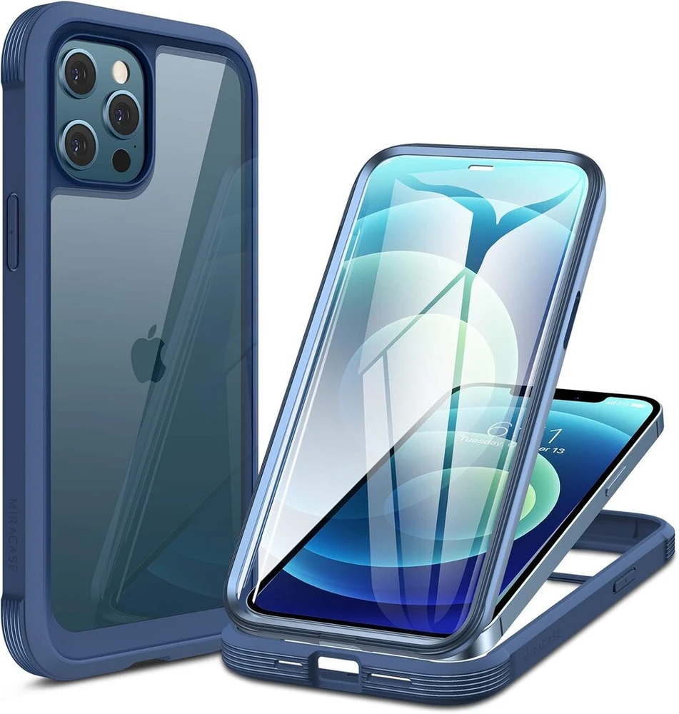 Miracase 360° dėklas, suderinamas su iphone 12/12 pro (6,1 colio), viso korpuso apsauginis dėklas su įmontuota stiklo ekrano apsauga, mobiliojo telefono dėklas, atsparus smūgiams, mėlynas