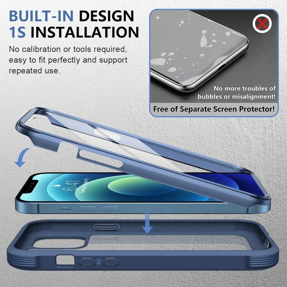 Miracase 360° dėklas, suderinamas su iphone 12/12 pro (6,1 colio), viso korpuso apsauginis dėklas su įmontuota stiklo ekrano apsauga, mobiliojo telefono dėklas, atsparus smūgiams, mėlynas