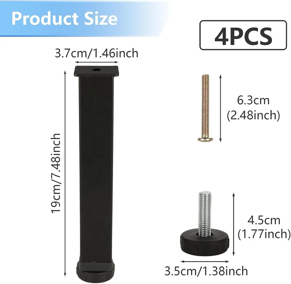 Mivide 4 x lovos pagrindas, 20 cm grotelių rėmo kojelės, metalinis prisukamas lovos pagrindas, reguliuojamos kojelės grotelių rėmui, lovai, sofai, spintelėms (juodos spalvos)