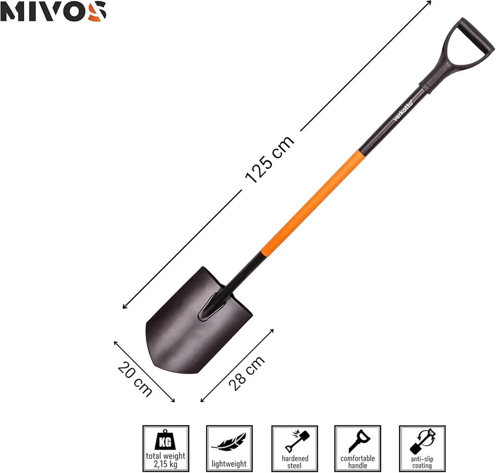 Grandininis pjūklas Mivos ergonomiškas smailus kastuvas iš anglinio plieno - 124 cm - sodininko kastuvas su grūdintu smailu ašmeniu ir d formos rankena - kapų kastuvas kietam akmenuotam dirvožemiui - pagaminta eu