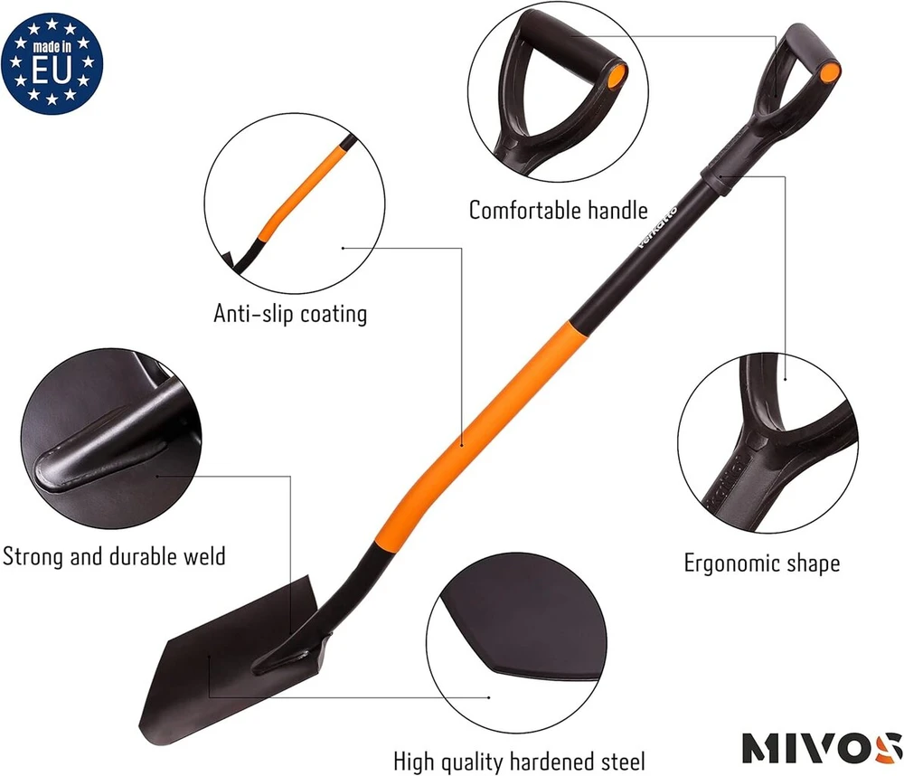 Grandininis pjūklas Mivos ergonomiškas smailus kastuvas iš anglinio plieno - 124 cm - sodininko kastuvas su grūdintu smailu ašmeniu ir d formos rankena - kapų kastuvas kietam akmenuotam dirvožemiui - pagaminta eu