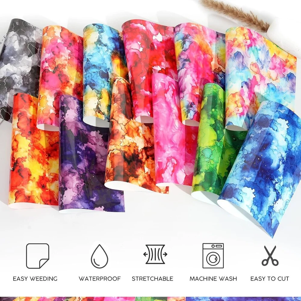 Mjartoria ploterio plėvelė tekstilei, flex plėvelė ploteriui tekstilei 30 x 25 cm, ploterio plėvelė „pasidaryk pats“ marškinėlių audiniams odai (12 vienetų akvarelės rašto spalvinga)