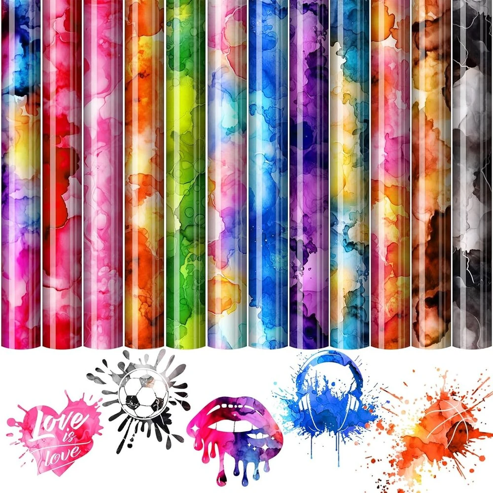 Mjartoria ploterio plėvelė tekstilei, flex plėvelė ploteriui tekstilei 30 x 25 cm, ploterio plėvelė „pasidaryk pats“ marškinėlių audiniams odai (12 vienetų akvarelės rašto spalvinga)