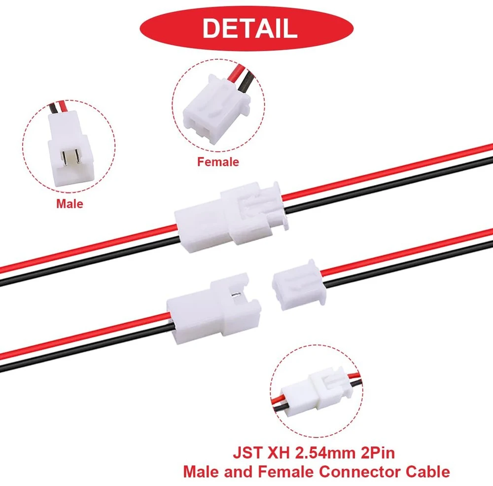 Mkbklljy 20 porų Jst Xh 2.54 mm 2 kontaktų jungtis su Ul1007 22awg 100 mm raudonu juodu jungiamuoju kabeliu ir termiškai susitraukiančiu vamzdeliu mažyčio drono akumuliatoriaus gnybtų lizdui Led juostelei