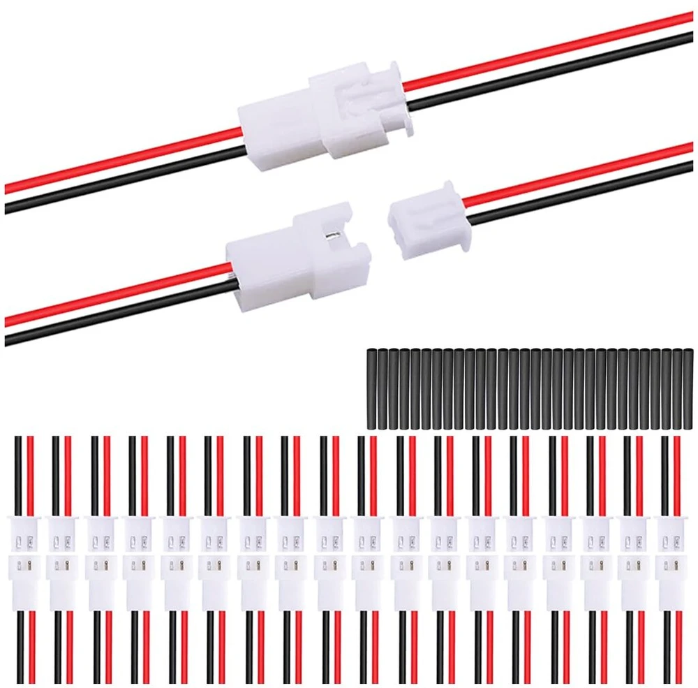 Mkbklljy 20 porų Jst Xh 2.54 mm 2 kontaktų jungtis su Ul1007 22awg 100 mm raudonu juodu jungiamuoju kabeliu ir termiškai susitraukiančiu vamzdeliu mažyčio drono akumuliatoriaus gnybtų lizdui Led juostelei