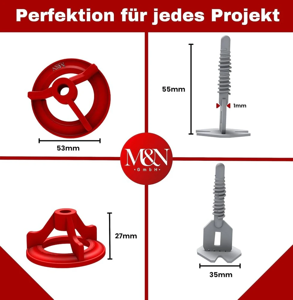 M&n plytelių lyginimo sistema, rinkinys 1 mm, 1.5 mm, 2 mm, 3 mm mega pasirinkimas (100 x 1 mm skirtukų, 50 x traukimo gaubtų) – plytelių klojimo pagalbinė priemonė leien & profesionalams – plytelių lyginimo sistemos priedai