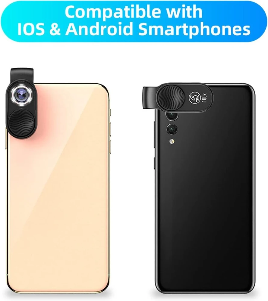 Mobiliojo telefono mikroskopas, 100x kišeninis mikroskopas su universaliu spaustuku, mobiliojo telefono mikroskopas visiems išmaniesiems telefonams, nešiojamas mikrodidinamasis lęšis
