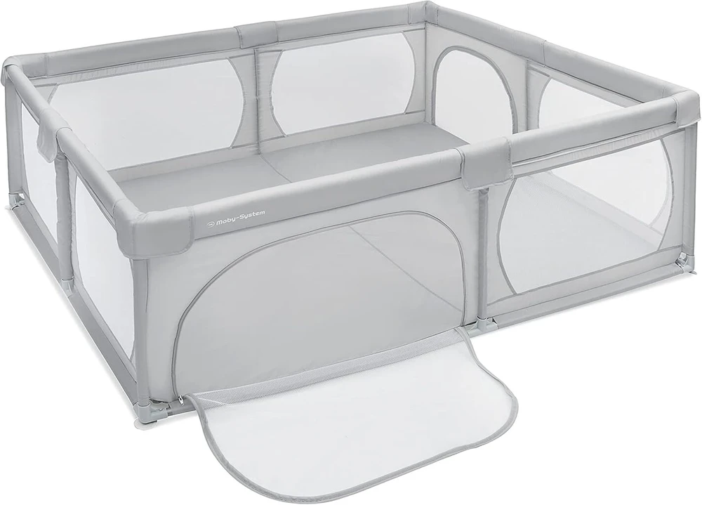Moby-system maniežas su žaidimų kilimėliu, 200 x 160 cm, sulankstomas kūdikių veiklos centras, neslystantis pagrindas, vandeniui atspari medžiaga, su transportavimo krepšiu, pilkas