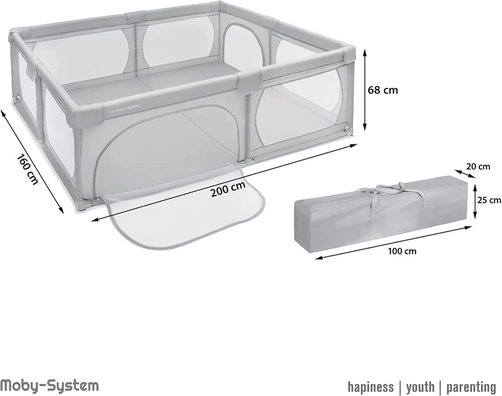 Moby-system maniežas su žaidimų kilimėliu, 200 x 160 cm, sulankstomas kūdikių veiklos centras, neslystantis pagrindas, vandeniui atspari medžiaga, su transportavimo krepšiu, pilkas