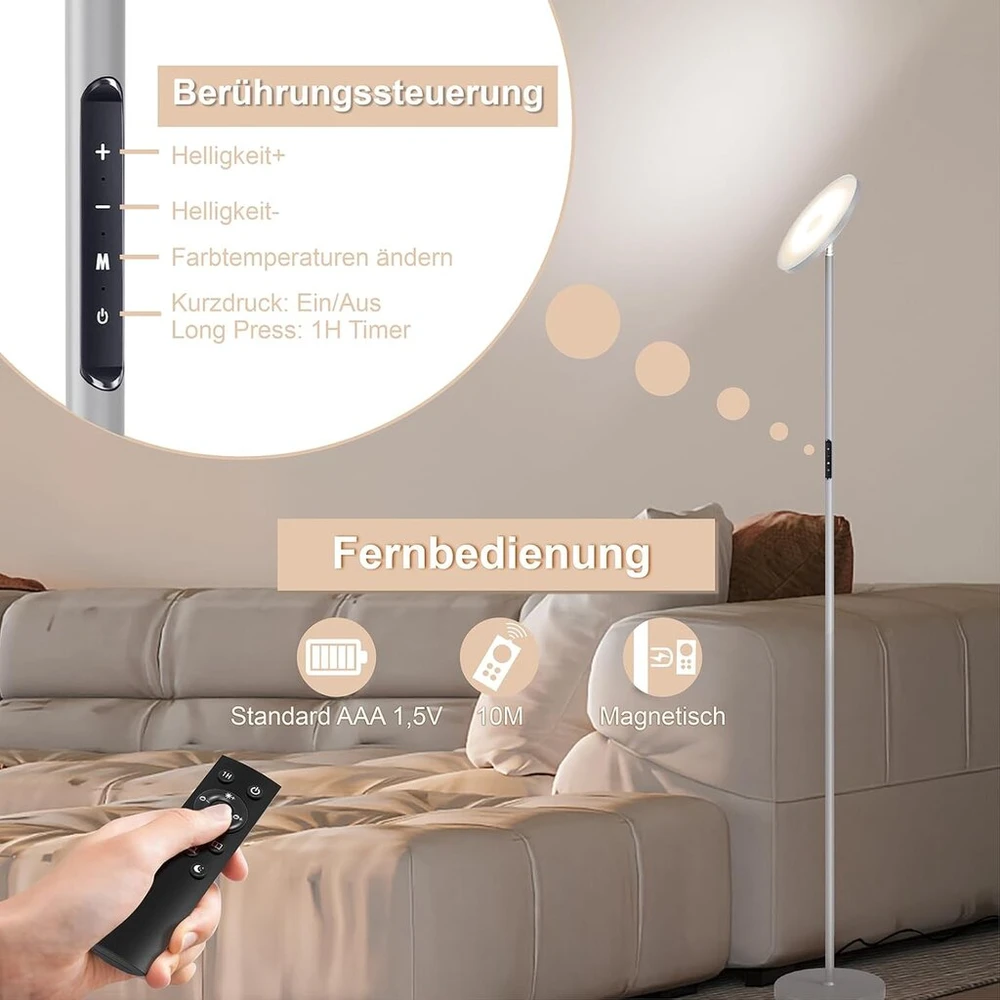 Lubinis šviestuvas Modlicht 30 W lubinis prožektorius Led reguliuojamo ryškumo pilkas, 3330 lm grindų šviestuvas Led su nuotolinio valdymo pulteliu ir jutikliniu valdymu, grindų šviestuvas svetainei su 4 spalvų temperatūromis, 1h laikmatis, modernūs grindų šviestuvai