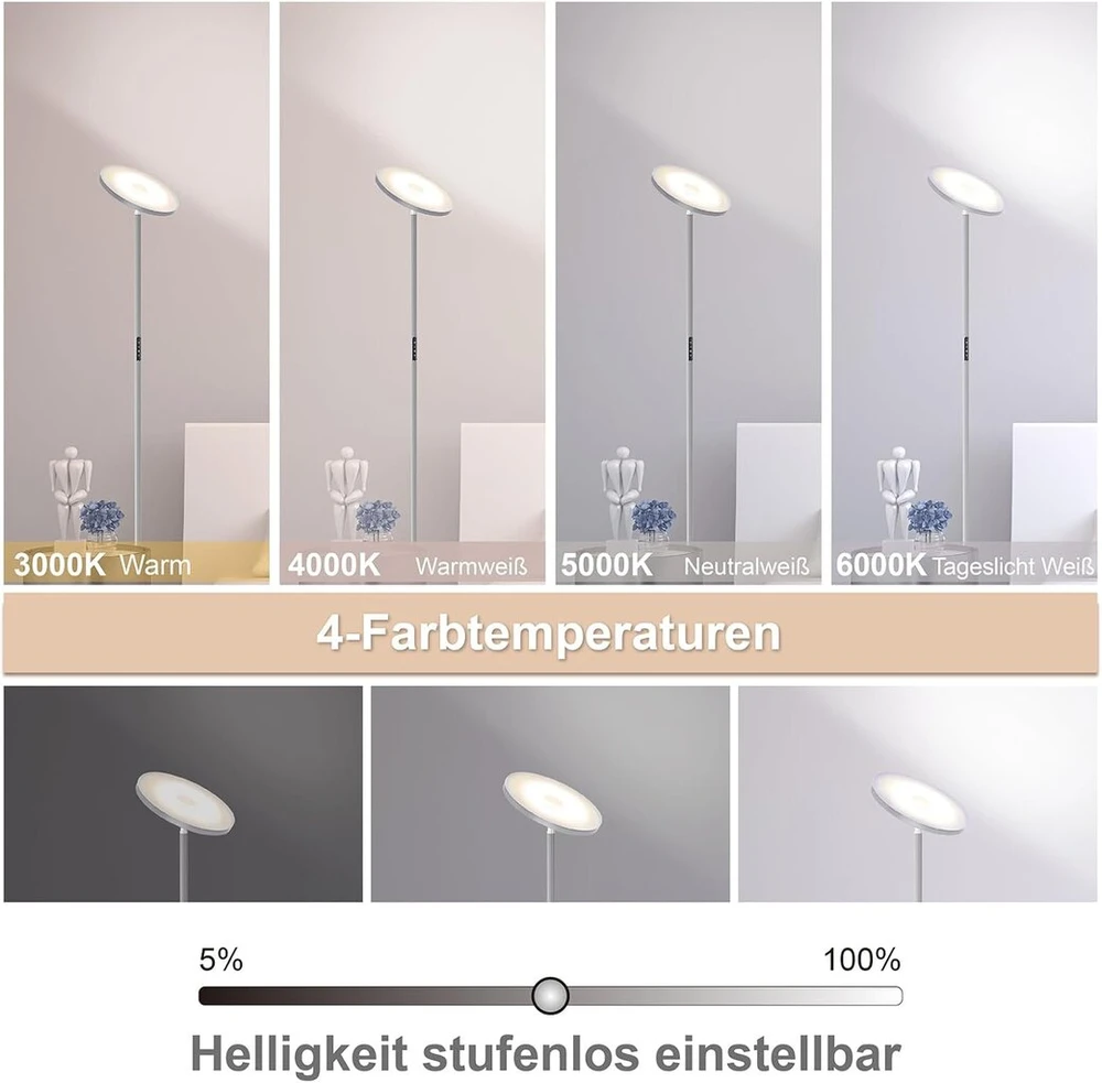 Lubinis šviestuvas Modlicht 30 W lubinis prožektorius Led reguliuojamo ryškumo pilkas, 3330 lm grindų šviestuvas Led su nuotolinio valdymo pulteliu ir jutikliniu valdymu, grindų šviestuvas svetainei su 4 spalvų temperatūromis, 1h laikmatis, modernūs grindų šviestuvai