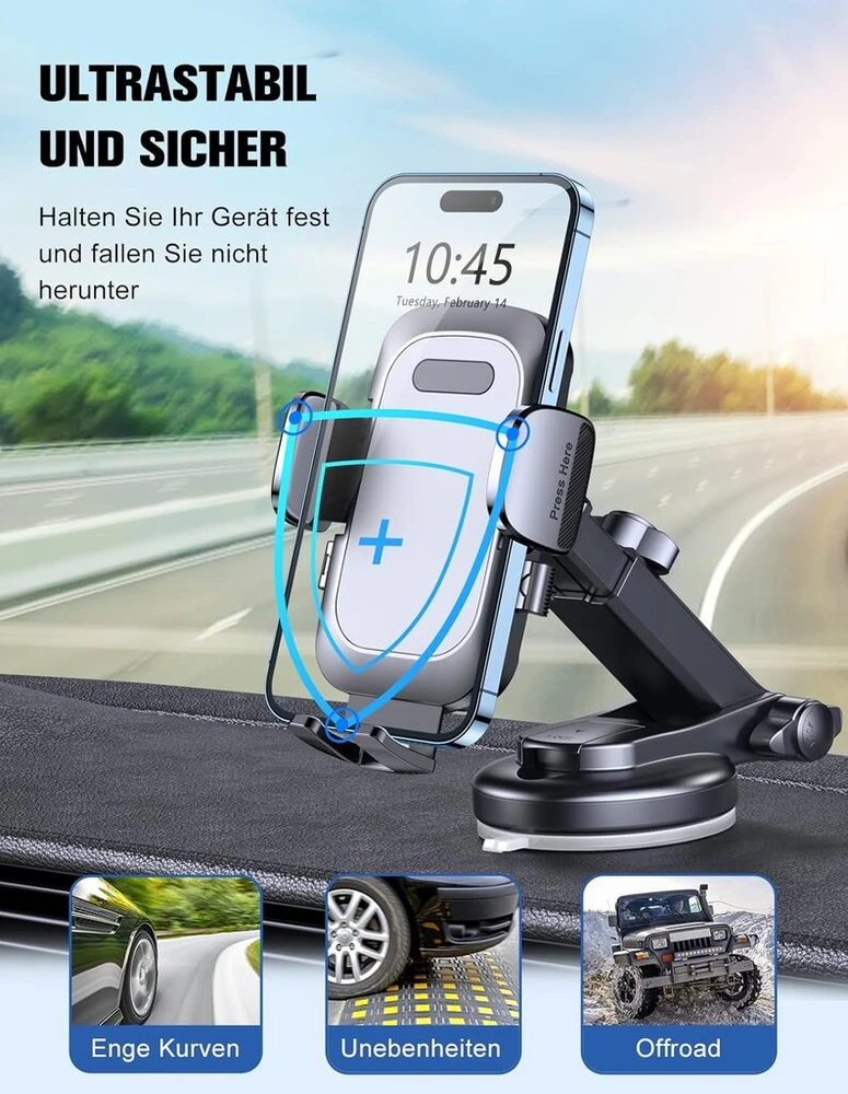Mohard mobiliojo telefono laikiklis automobiliui, itin stabilus automobilinis telefono laikiklis su siurbtuku prietaisų skydeliui ir priekiniam stiklui, 360° pasukamas telefono laikiklis automobiliui su greito atleidimo mygtuku, skirtas 4–7,0 colių telefo