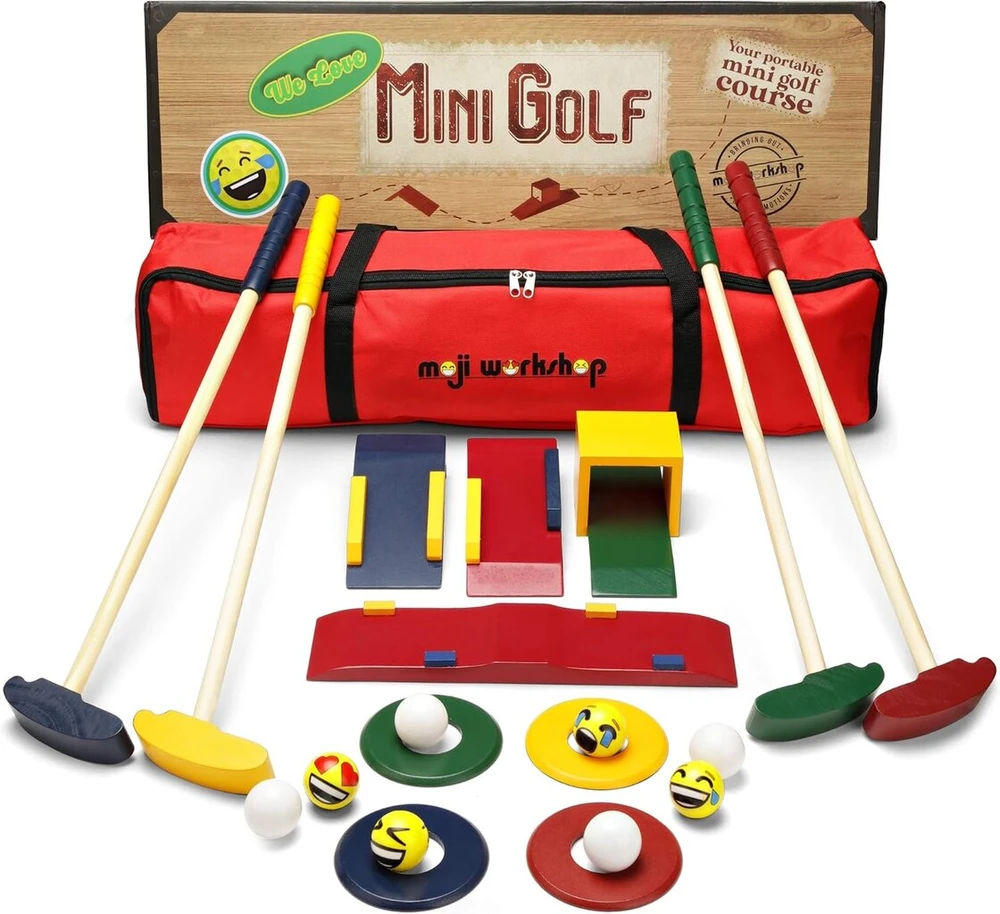 Moji workshop medinis golfo rinkinys vaikams – kokybiškas crazy golf ir mini golfo rinkinys – mediniai žaislai žaidimams patalpose, lauke ir sode