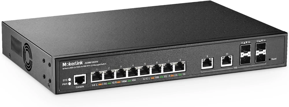 Šakotuvas Mokerlink 8 prievadų 2.5 gigabitų valdomas komutatorius, 2 x 10g ethernet prievadai, 4x10g sfp+ prievadai, web/cli l3 valdomas, skirtas montuoti ant stalo/į stelažą