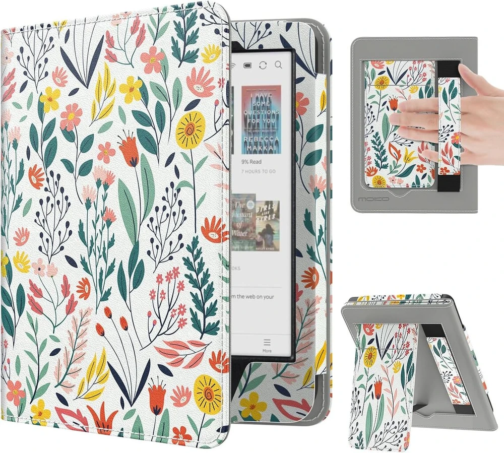 Moko dėklas, skirtas 6 colių Kobo Clara Bw/clara Colour/clara 2e, plonas Pu apvalkalo apsauginis dėklas su automatinio pažadinimo/užmigdymo funkcija, skirtas Kobo Clara, kortelių lizdas, riešo dirželis ir sulankstomas stovas, gėlė