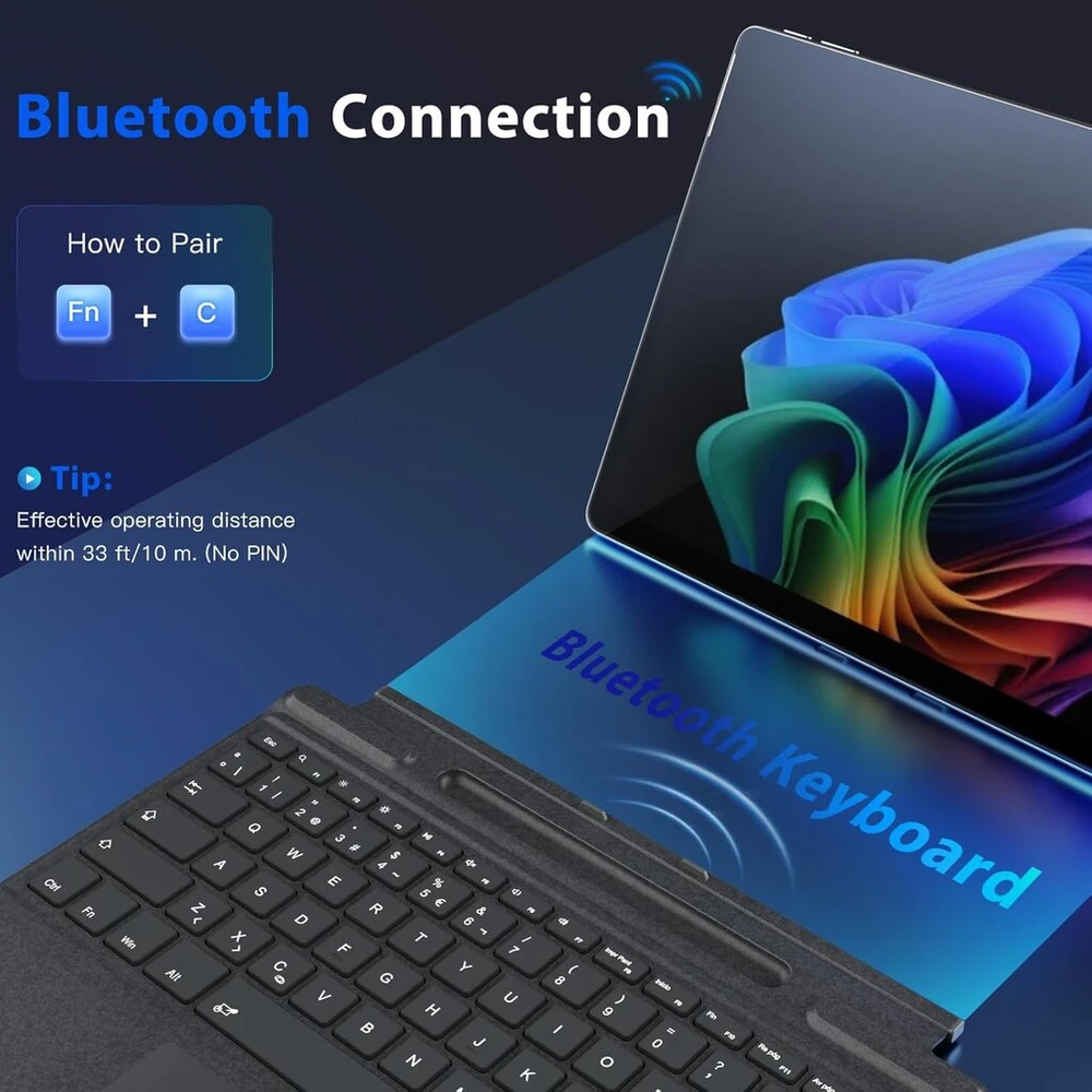Moko ispanų jutiklinės dalies bluetooth klaviatūra, skirta 13 colių microsoft surface pro 11/ pro 10/ pro 9/ pro 8/ pro x, qwerty išdėstymo plona belaidė tipo dangtelio klaviatūra su rašiklio laikikliu (be įkrovimo), pilka