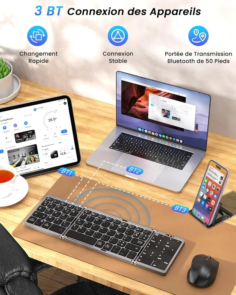 Moko sulankstoma bluetooth klaviatūra, belaidė nešiojama prancūziška klaviatūra, sulankstoma su jutikliniu kilimėliu ir skaičių klaviatūra, kelių įrenginių įkraunama klaviatūra, skirta windows, ios, android planšetiniam kompiuteriui/mobiliam telefonui, az