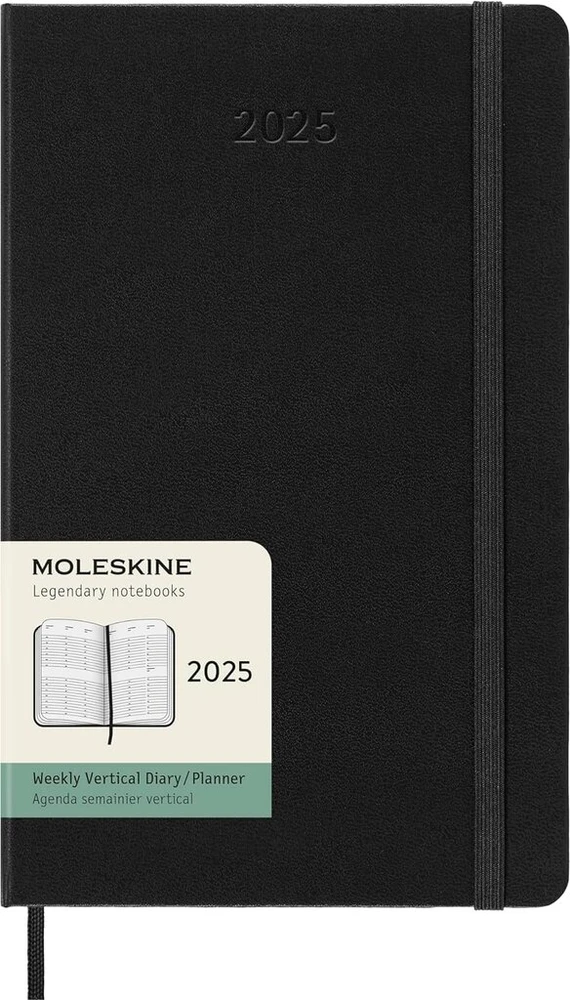 Moleskine savaitinis planuotojas, vertikalus savaitinis planuotojas 12 mėnesių 2025 metams, kietas viršelis ir elastinė juostelė, juoda spalva, didelis formatas 13 x 21 cm