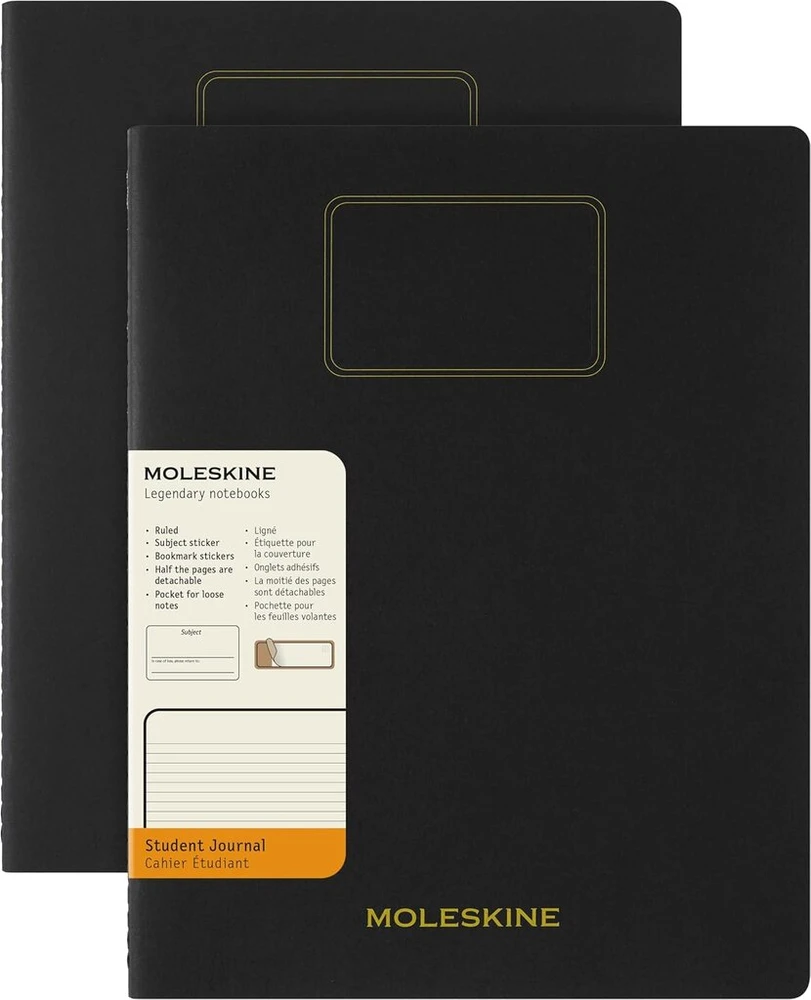 Moleskine Student Cahier Journal, 2 linijuotų užrašinių rinkinys su nuimamais puslapiais, kartoninis viršelis ir lipdukas, juoda spalva, Xxl 21,6 x 27,9 cm