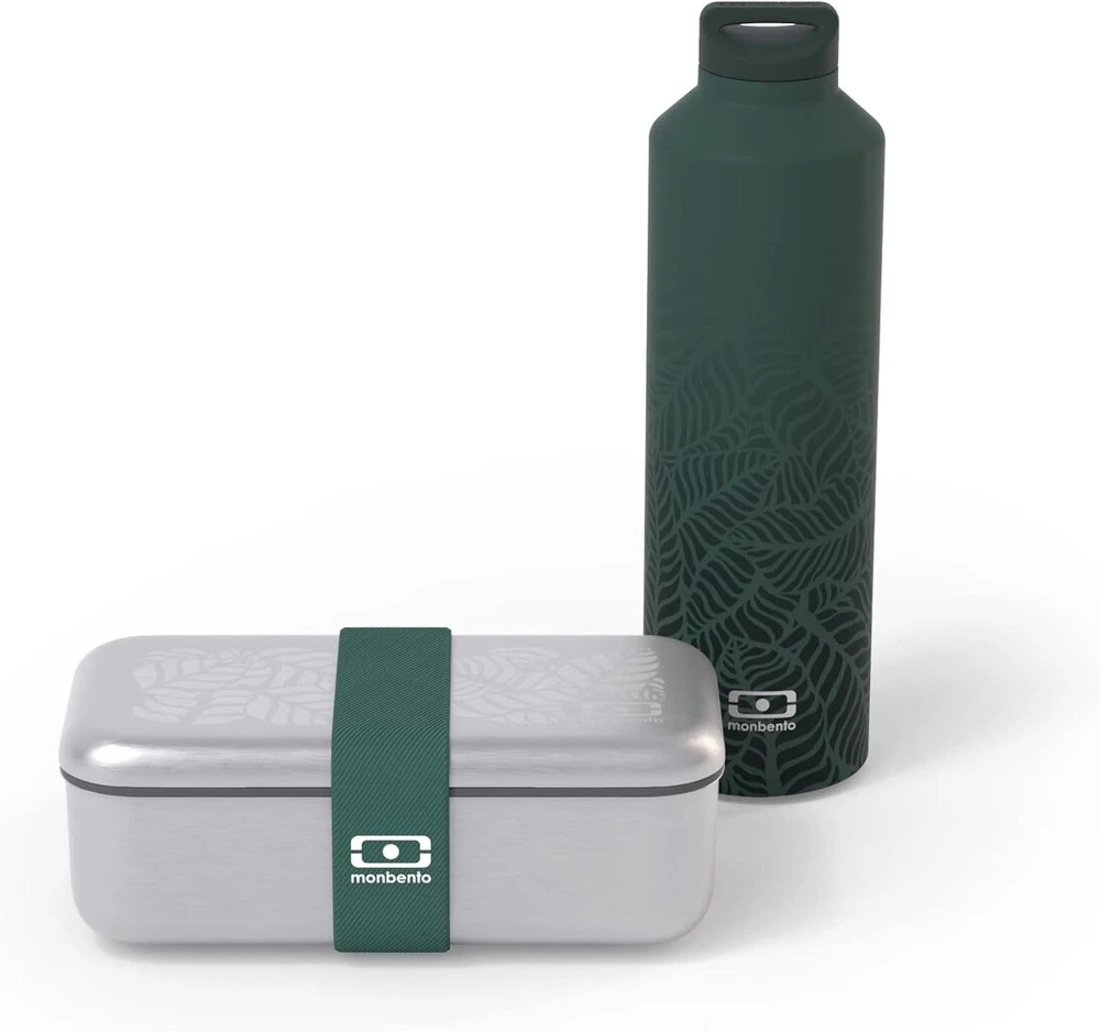 Monbento - Jungle pietų dėžutės rinkinys - metalinė pietų dėžutė mb sense, izoterminis vandens butelis mb steel 500 ml - natūralus raštas - be bpa - žalia