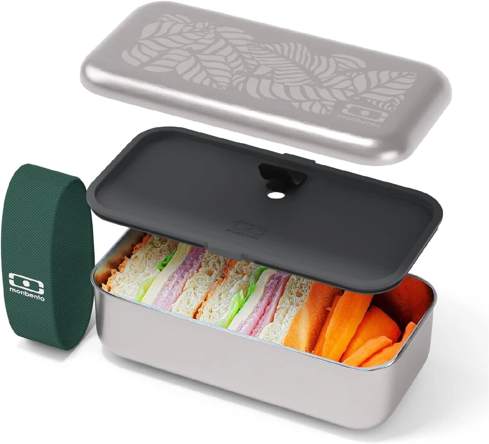 Monbento - Jungle pietų dėžutės rinkinys - metalinė pietų dėžutė mb sense, izoterminis vandens butelis mb steel 500 ml - natūralus raštas - be bpa - žalia