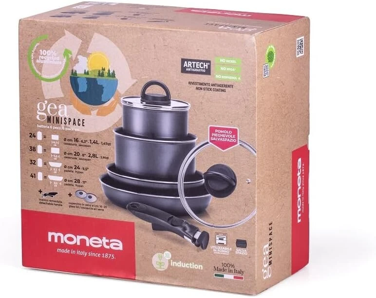 Moneta Gea Minispace 6 dalių rinkinys su nuimama rankena, 100% perdirbtas aliuminis, taip pat tinka indukcijai. Pagaminta Italijoje