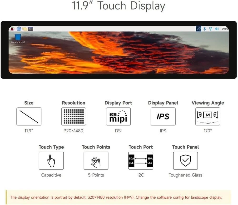 Monitorius Waveshare 11.9 colių ips capacitive jutiklinis valdymo skydelis ekranas, suderinamas su raspberry pi 4b/3b+/3a+ 320×1480 rezoliucijos dsi sąsajos lcd