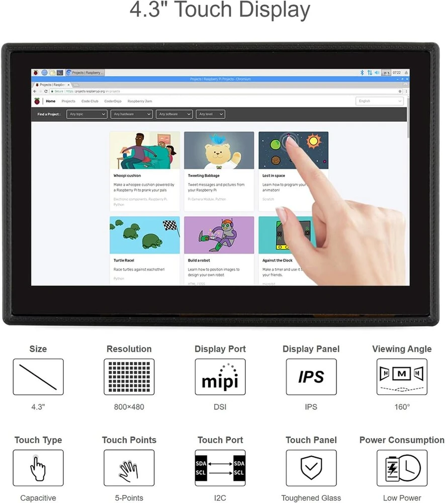 Monitorius Waveshare 4.3" Dsi Lcd su dėklu Raspberry Pi 4b