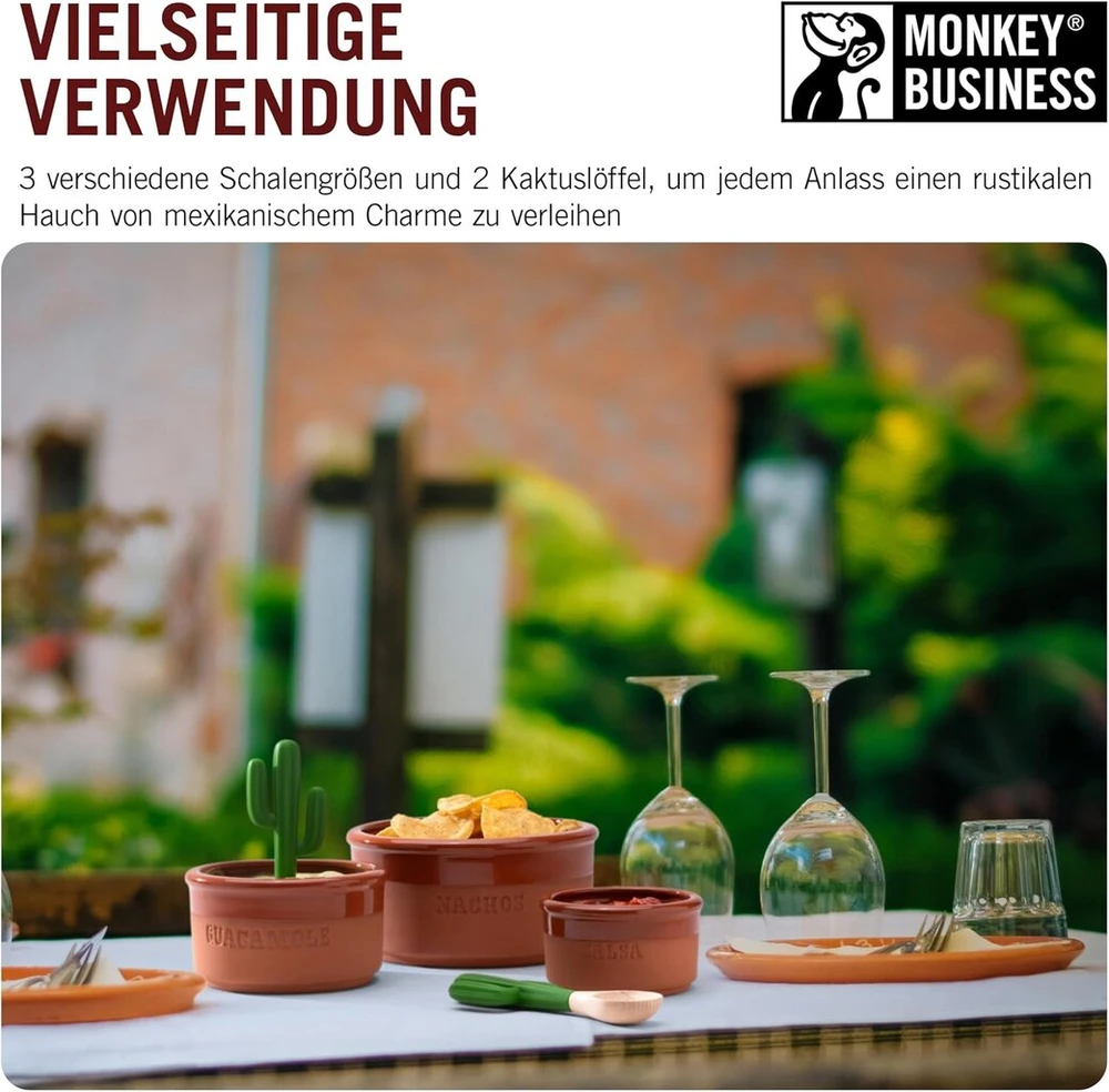 Monkey Business Bowlero užkandžių dubenėlių rinkinys, terakotos užkandžių dubuo su 3 padažų dubenėliais ir 2 padažų šaukšteliais, meksikietiškas serviravimo dubenėlių rinkinys
