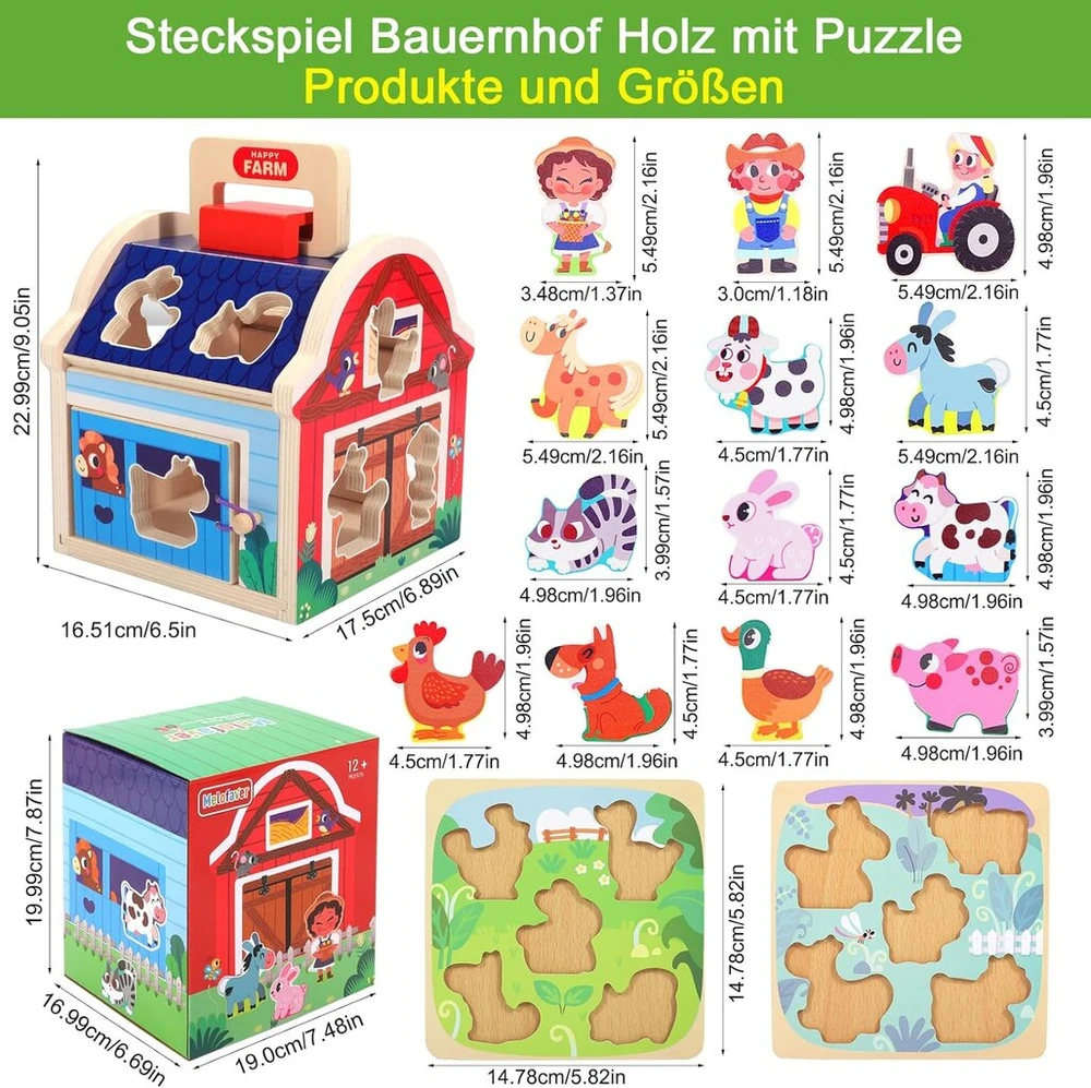 Montessori žaislas vaikams nuo 1 2 3 metų, dėlionės žaidimas „ūkis“ iš medžio, vaikiškas medinis žaislas motorikos įgūdžiams lavinti nuo 1 metų, žaislas kūdikiams, motorikos įgūdžių kubas, dovanos mergaitėms ir berniukams