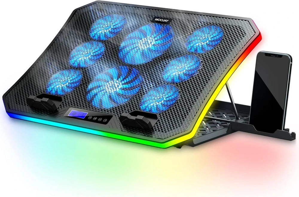 Moojay rgb aušintuvas nešiojamam kompiuteriui, skirtas naudoti ant stalo ir ant kelių, 8 aukščio reguliavimo padėtys, 8 tylūs ventiliatoriai + mobiliojo telefono stovas, skirtas 15,6–17,3 colių nešiojamiesiems kompiuteriams – mėlyna led lemputė