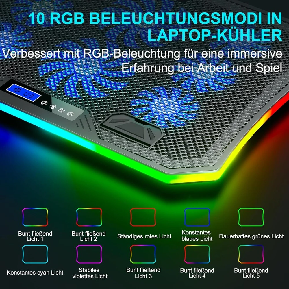 Moojay rgb aušintuvas nešiojamam kompiuteriui, skirtas naudoti ant stalo ir ant kelių, 8 aukščio reguliavimo padėtys, 8 tylūs ventiliatoriai + mobiliojo telefono stovas, skirtas 15,6–17,3 colių nešiojamiesiems kompiuteriams – mėlyna led lemputė
