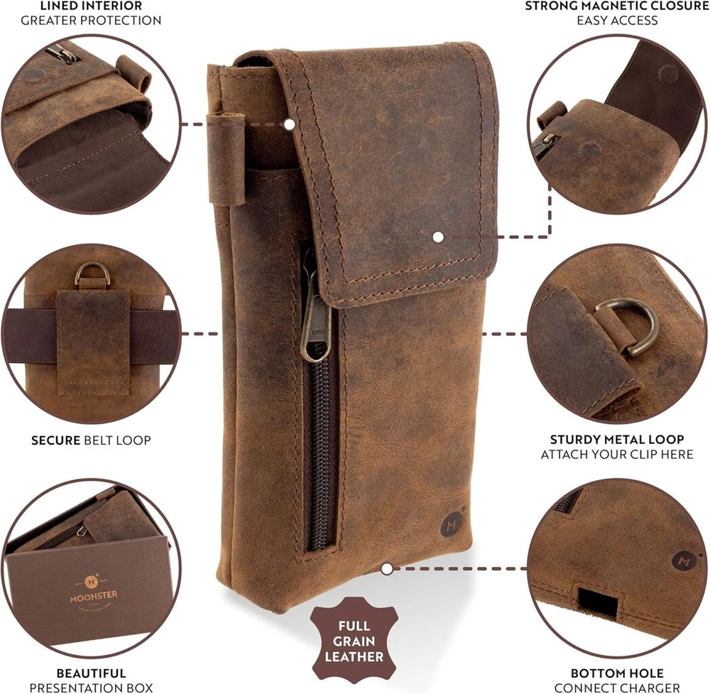 Dėklas Moonster vyriška odinė diržo rankinė - pagaminta iš tikros buivolo odos - 19 cm x 8 cm dideliems išmaniesiems telefonams - saugus ir patvarus tabako krepšys
