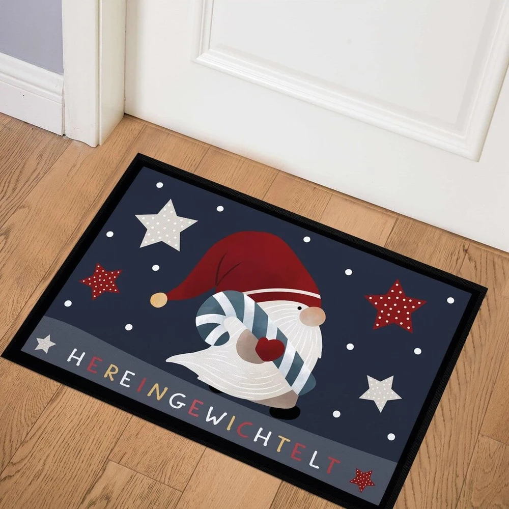 Moonworks® Durų kilimėlis Kalėdų nykštukas Svorinis Žiemos motyvas Žvaigždės Gnomai Nykštukai Neslystantis ir Plaunamas Juodas 60 x 40 cm