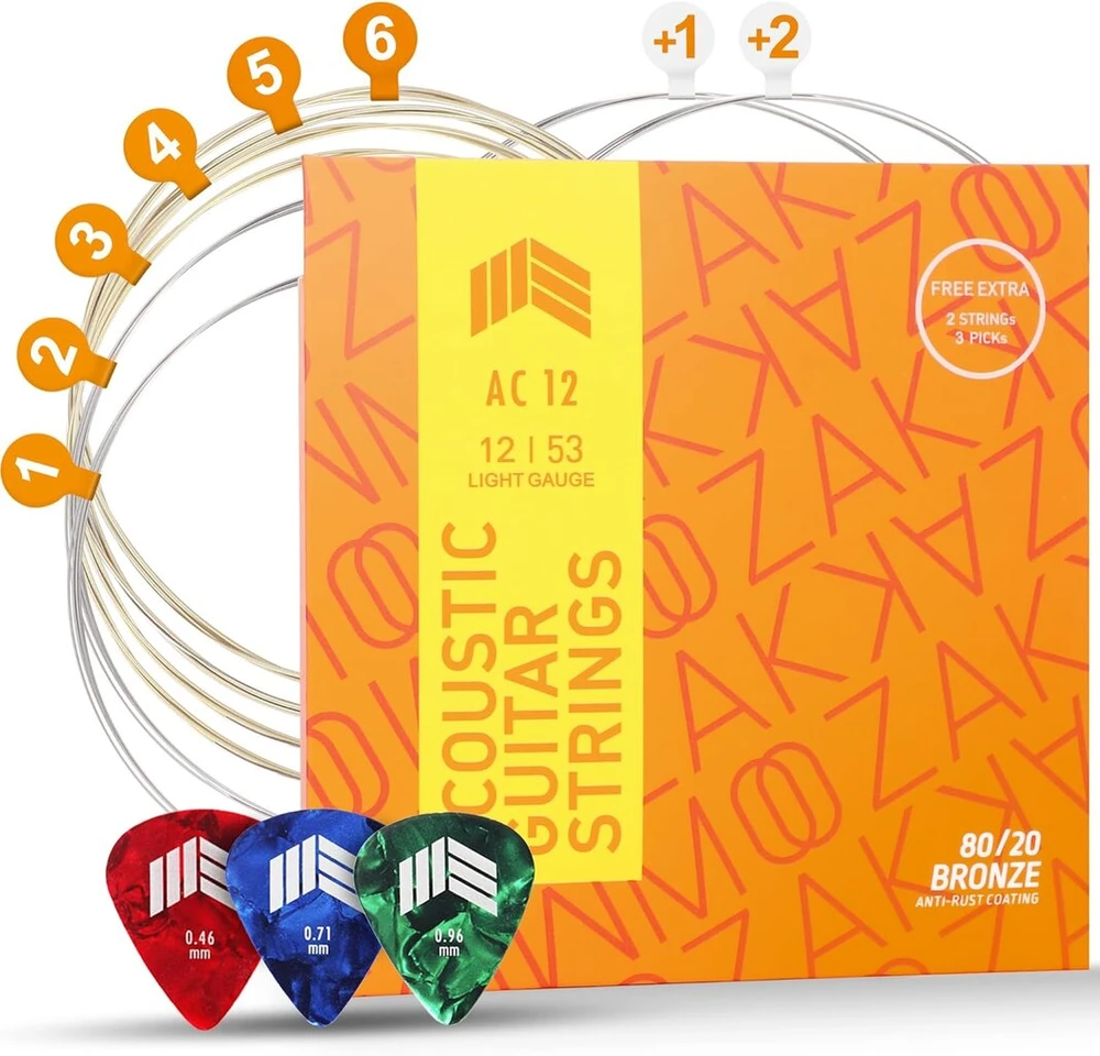 Moozak akustinės gitaros stygos 80/20 bronza, light gauge 12-53, patvarios ir ryškios plieninės stygos, papildomos 1-oji ir 2-oji stygos, 3 mediatoriai įtraukti - ideali dovana ir visiems muzikantams
