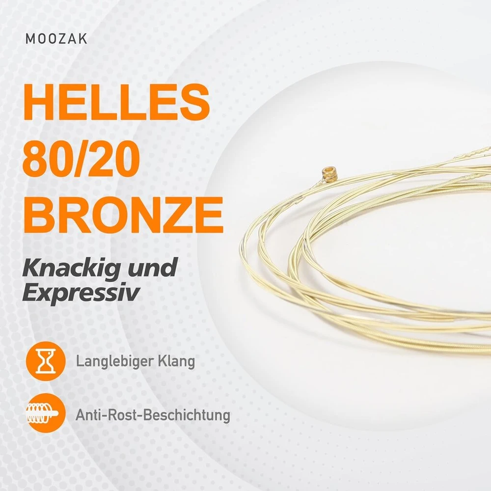 Moozak akustinės gitaros stygos 80/20 bronza, light gauge 12-53, patvarios ir ryškios plieninės stygos, papildomos 1-oji ir 2-oji stygos, 3 mediatoriai įtraukti - ideali dovana ir visiems muzikantams