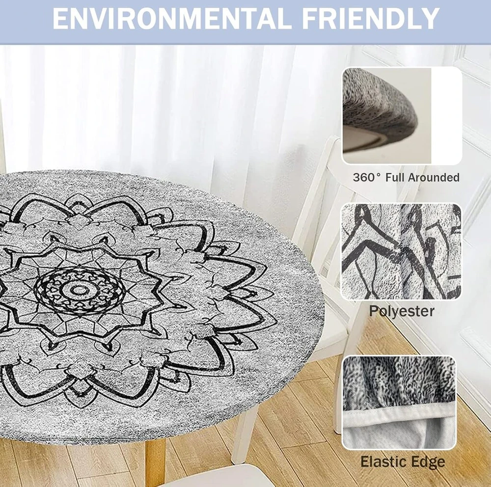 Morbuy lauko staltiesė, apvali, 120 cm, elastinga, skalbiama, atspari vandeniui, vandens atstūmimo efektas, pilka mandala sodo staltiesė, idealiai tinka 100–110 cm stalams