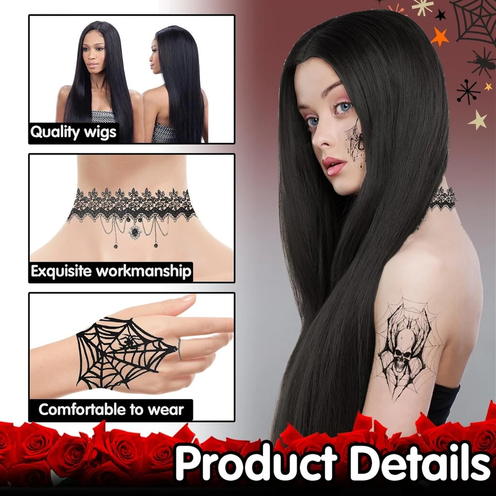 Morticia Addams perukas, 6 perukų rinkinys, ilgi juodi moteriški, ilgas juodas perukas, tiesus juodas perukas, ilgas juodas tiesus perukas, ilgas gotikinis perukas (70 cm), karnavalo cosplay vakarėliui