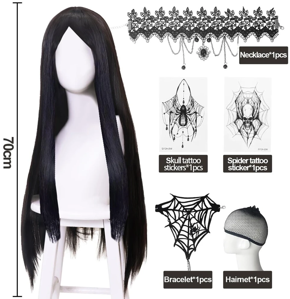 Morticia Addams perukas, 6 perukų rinkinys, ilgi juodi moteriški, ilgas juodas perukas, tiesus juodas perukas, ilgas juodas tiesus perukas, ilgas gotikinis perukas (70 cm), karnavalo cosplay vakarėliui