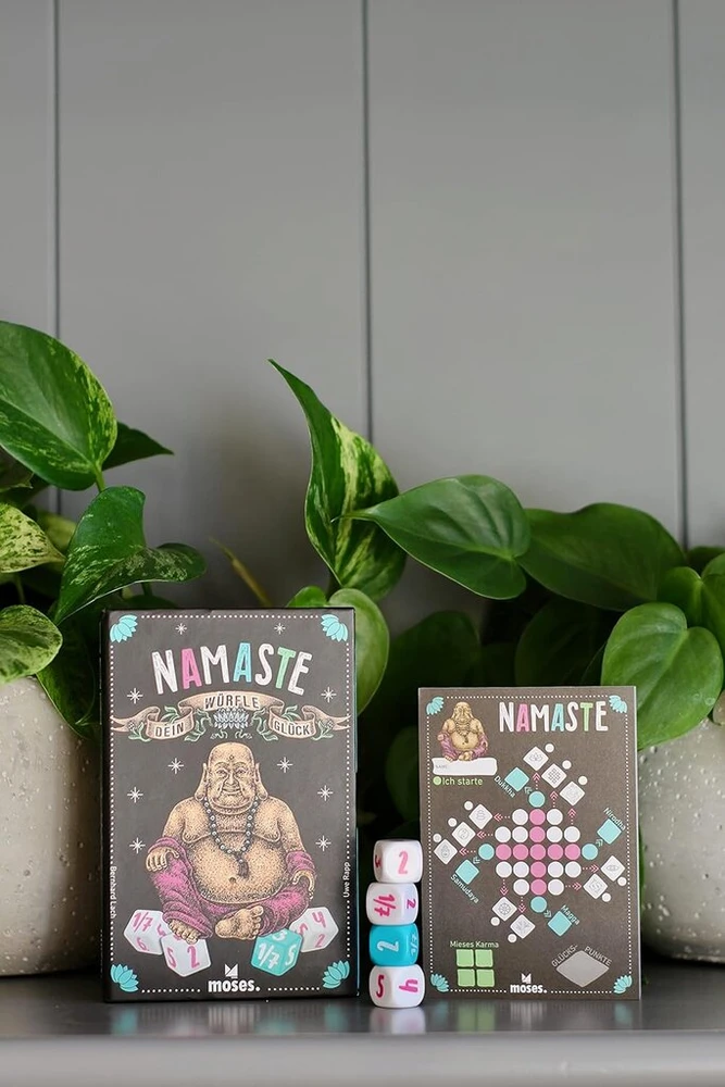 Moses. 90382 Namaste Dice Your Happiness, kauliukų žaidimas su draftu, roll & write žaidimas visai šeimai, kauliukų pramoga vaikams nuo 8 metų, įvairiaspalvis
