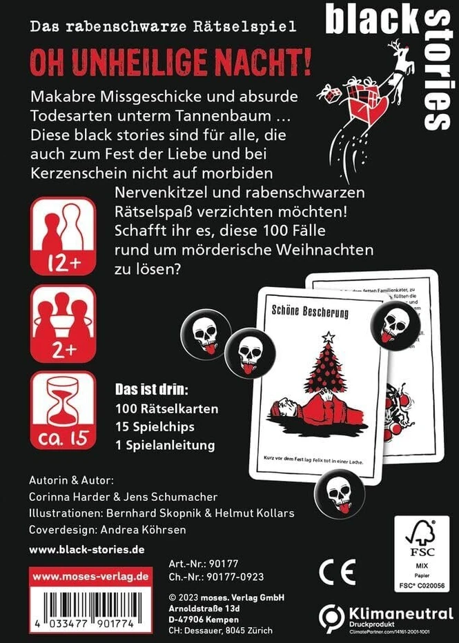 Moses. Juodas Stories Oh, Unholy Night! - 100 galvosūkių su bylomis apie žmogžudiškas kalėdas, nusikaltimų kortų žaidimas su žaidimo variantu ir taškų žetonais, galvosūkių žaidimas paaugliams ir suaugusiems