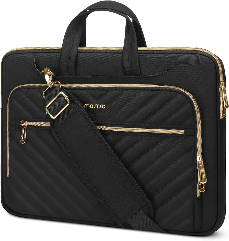 Mosiso 360° apsauginis nešiojamojo kompiuterio krepšys, 15–15,6 colio kompiuterio krepšys, suderinamas su Macbook Pro 16, Hp, Dell, Asus nešiojamaisiais kompiuteriais, kurjerio krepšys su priekinėmis dygsniuotomis paaukštintomis kišenėmis ir diržu, juodas