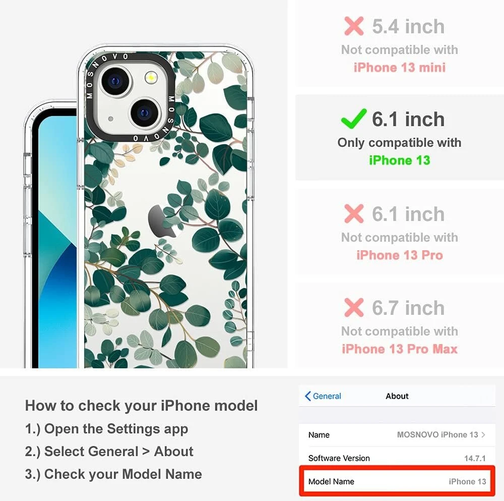 Mosnovo dėklas, skirtas iphone 13 - skaidrus, plonas, smūgiams atsparus tpu+pc telefono dėklas, [2 metrų kritimo apsauga/apsauga nuo lupimosi] - eucalyptus